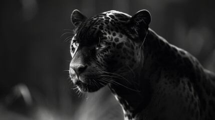   A black-and-white image of a cheetah gazing intently off in the distance with a serious expression