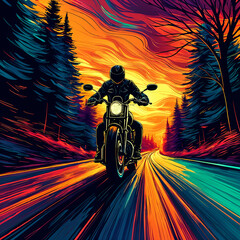 A person riding a motorcycle on a road at sunset, with the sky painted in vibrant colors and tall trees lining the street.