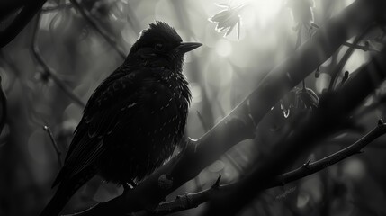Naklejka premium bird perching on a tree branch against a foggy backdrop