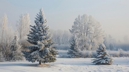 Snow-covered trees in field with distant forest