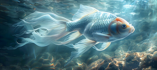 An illustration of a minimalist fish swimming in clear water