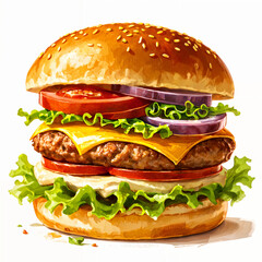 A large, appetizing hamburger with various toppings, including tomatoes and onions, served on a bun.