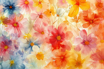 Fototapeta premium Colorful Watercolor Flowers Arrangement with Blue and Orange Flower in Center on White Background