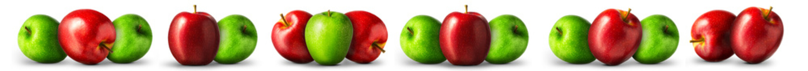 Group of red and green apples on white background