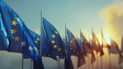 European flags against a background of blue sky with clouds.
