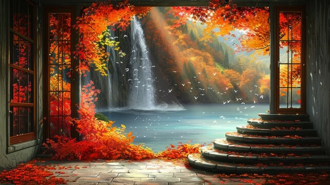   A waterfall painting in a window, depicting red leaves on the ground and stairs ascending nearby