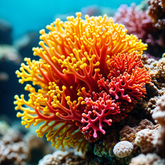 Naklejka na ściany i meble A vibrant underwater scene featuring a coral reef with various types of corals, including yellow and red ones, surrounded by other marine life.