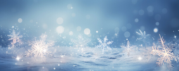 Sparkling snowflakes rest on soft snow shimmering under celestial blue light. Magic of winter captured in cool, serene tones