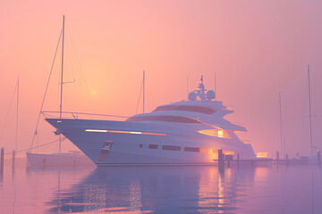 Luxury yacht moored in calm waters bathed in warm glow of misty sunset. Silhouettes of sailboats enhance tranquil harbor scene