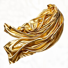 A luxurious golden silk scarf, elegantly draped and flowing with a soft sheen.