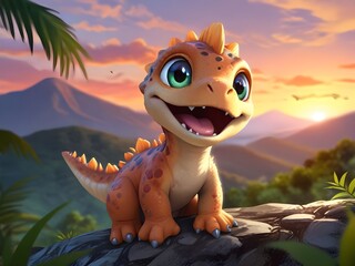 a dragon sits on a rock with mountains in the background.