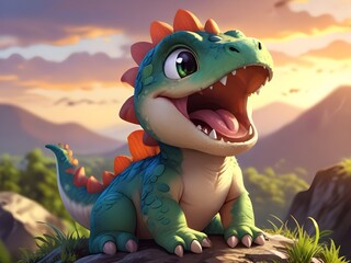 a dragon sits on a rock with mountains in the background.