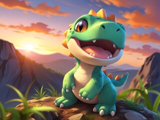 a dragon sits on a rock with mountains in the background.