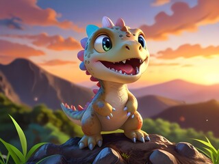 a dragon sits on a rock with mountains in the background.