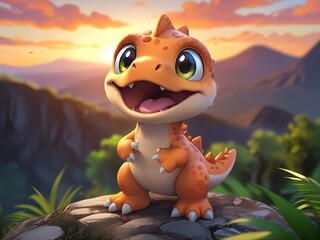 a dragon sits on a rock with mountains in the background.