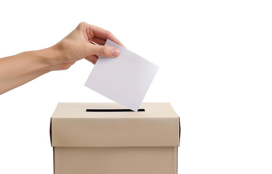  A hand throwing a ballot into a ballot box against isolated on white background.