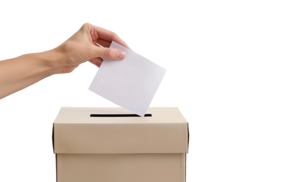  A hand throwing a ballot into a ballot box against isolated on white background.