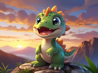 a dragon sits on a rock with mountains in the background.