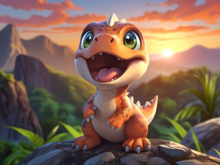 a dragon sits on a rock with mountains in the background.