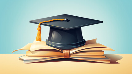 Graduation cap with tassel resting on open book, classic symbol of educational accomplishment. Illustration evokes sense of pride and scholarly achievement