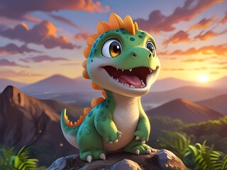 a dragon sits on a rock with mountains in the background.