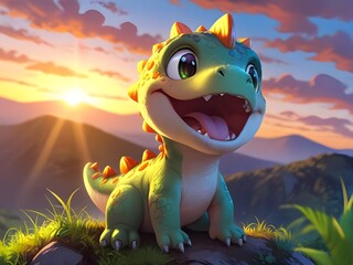 a dragon sits on a rock with mountains in the background.