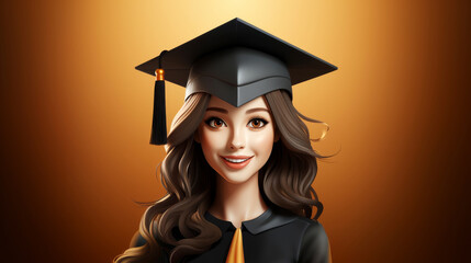 Illustrated graduate with beaming smile wearing mortarboard celebrating educational triumph against warm golden backdrop. Her bright expression conveys pride and optimism