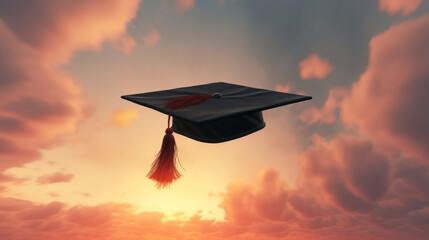 Graduation cap soaring in sky at sunset symbolizing flight of dreams and beginning of new journey. Dramatic cloudscape adds to feeling of boundless potential