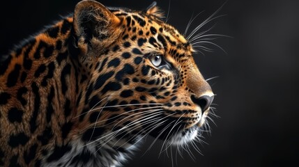   A tight shot of a leopard's face against a black backdrop, its surroundings softly blurred