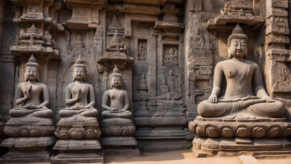 Ancient Stone Carvings of Buddha Figures Adorning the Walls of a Historic Temple.