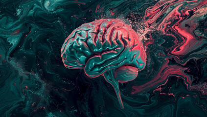 Brain with colorful dark teal and light red lines, on dark background, cerebral intricate mapped lines. 