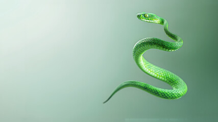 Graceful green snake curves in mid air against soft gradient background showcasing elegance of its form and pattern. Symbol of new year 2025