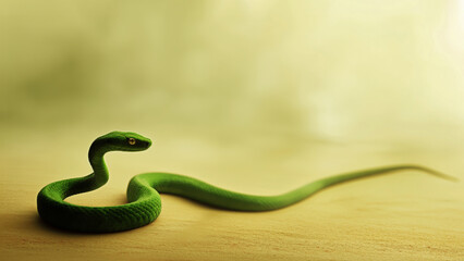 Green snake in poised stance on sandy surface with soft diffused backdrop emphasizing its calm vigilance