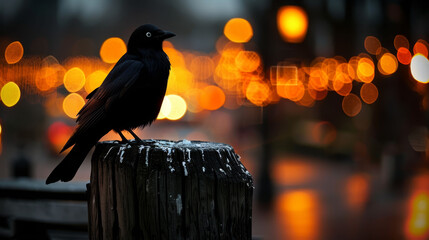 Naklejka premium A black bird perches atop a weathered wooden post, overlooking a bustling city street aglow with myriad lights