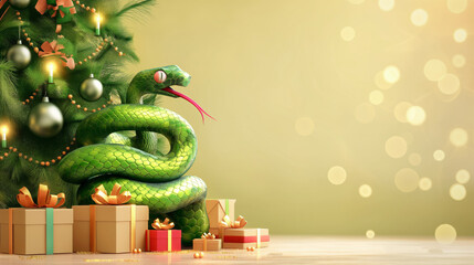 Green snake coils around Christmas tree with gifts below adding whimsical twist to traditional holiday decor