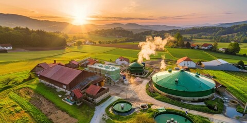 Sustainable Energy Production on a Farm: A Biogas Facility in a Rural Setting Harnesses Renewable Resources, Promoting Green Energy and Environmental Conservation in Agriculture, Generative AI - obrazy, fototapety, plakaty