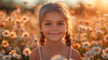 Little Girl Standing in Field of Daisies. Generative AI