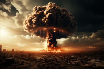 A massive mushroom cloud rises over a destroyed city after a nuclear explosion. The city is in ruins, and the sky is filled with smoke and debris