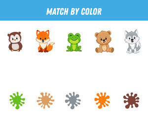 Match colorful forest animals by colors. Educational logical game for kids. Worksheet. Bear, fox, frog, owl, wolf.