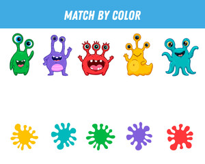  Match colorful monsters by colors. Educational logical game for kids. Worksheet. Space creature.
