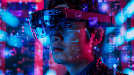 Young asian man looking in VR virtual reality goggles on the colored background. Futuristic lifestyle. Theme of technology, AI, fantasy and playing people. Metaverse technology concept.
