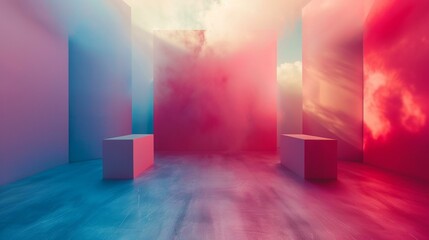Vivid abstract room with radiant pink and blue haze, dynamic lighting, modern art installation feel, reminiscent of festive or dreamlike atmospheres. Copy space.