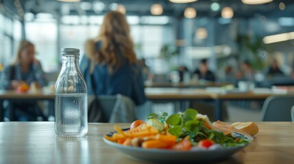 Naklejka premium Vibrant lunch scene with people dining casually, colorful fresh salad in focus, comfortable urban cafe atmosphere, office cafeteria, health-conscious eating, daily life depiction.