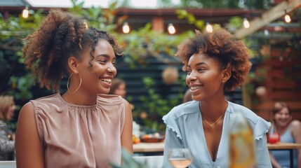 Joyful outdoor gathering: Two young women laughing, enjoying drinks at bustling garden party, festive mood, vibrant summer evening.