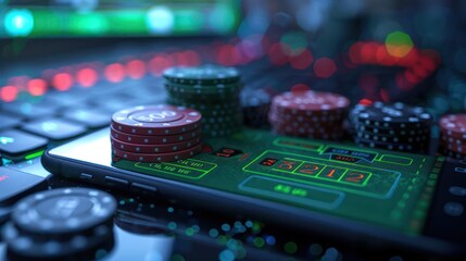 Close-up on a smartphone screen displaying an online poker app, focusing on AI interaction and real-time betting options