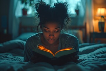 A young woman with an intrigued expression is reading a book in bed by the glow of a lamp at nighttime