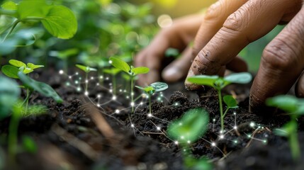 Close-up on the hands of a technician installing IoT sensors in soil, with a focus on the technology enhancing crop yield in sustainable agriculture