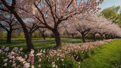 Fototapeta na wymiar Blossom Bliss, A Landscape Bursting with Vibrant Blooms and Blossoms in Spring.
