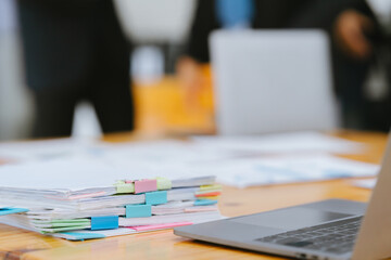 nobody, workplace with laptop, financial documents pen calculator at office interior. Stylish workplace