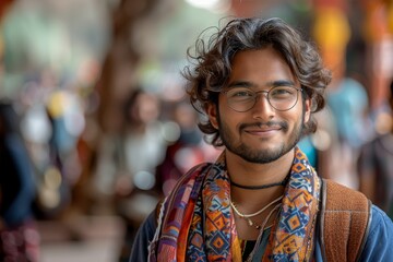 A stylish young man smiles in an Indian cultural backdrop with a traditional scarf